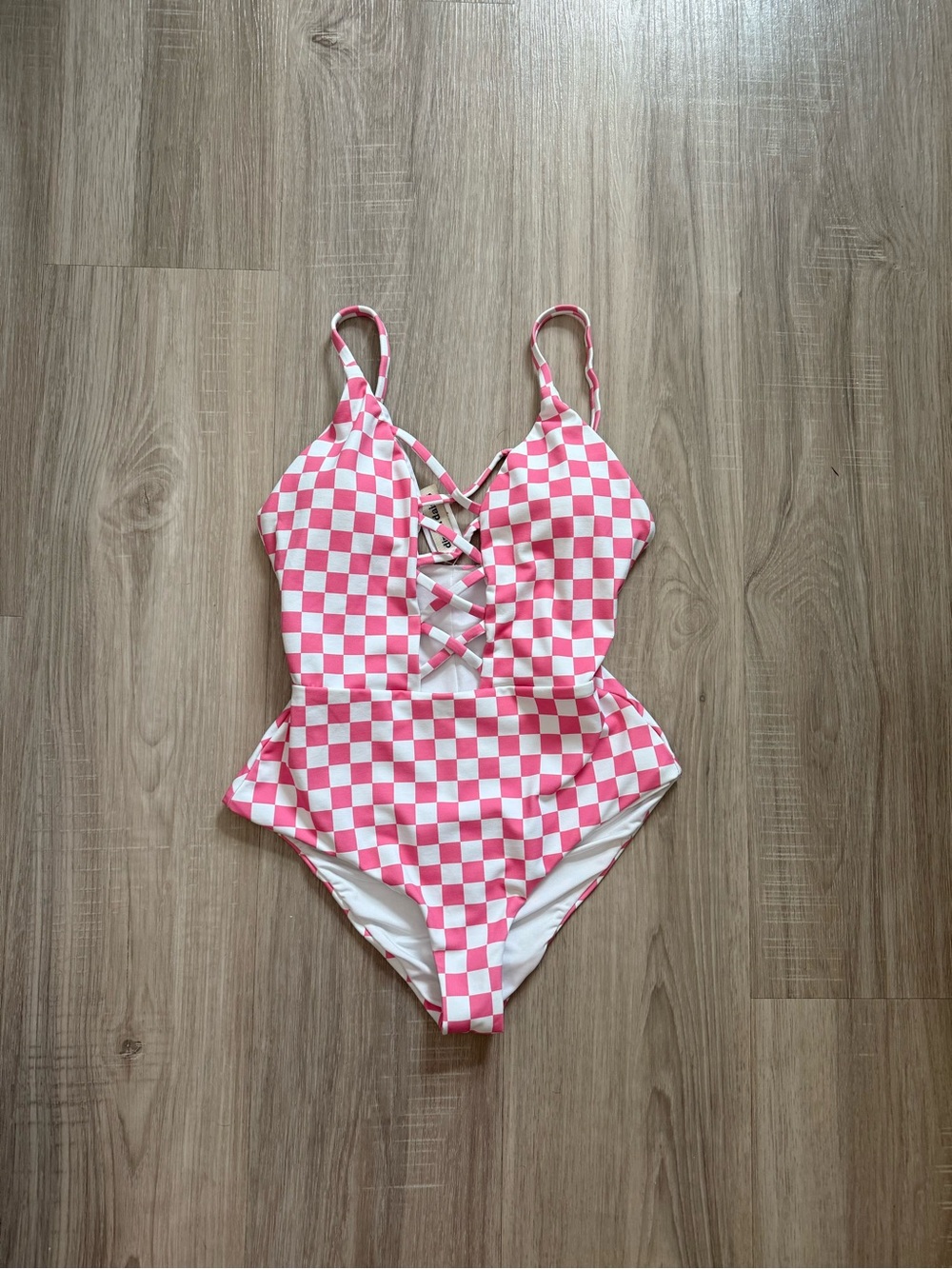 Dippin' Daisy's Pink and White Checkerboard Lace-Up One-Piece Swimsuit